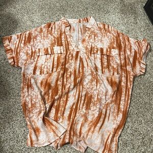 Women V Neck Striped Shirt Loose Pullover Blouse Tops X-Large Orange